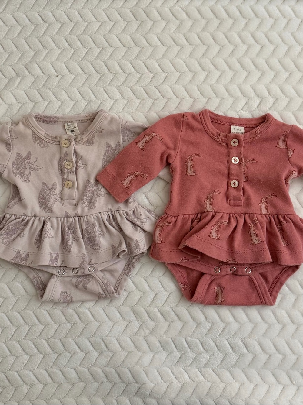 Kate Quinn Ruffle One-Piece Onesies in Dusty Mauve and Rose